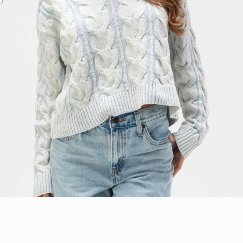 Free People Light Blue Cable Knit V-Neck Sweater